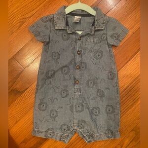 Carter's Blue Denim Button-Up Romper with Collar and Lion Pattern 100% Cotton